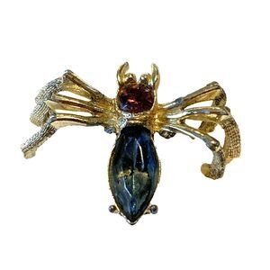 Vintage Gold Tone Spider Brooch Blue & Purple Rhinestone Bug Pin Goth MCM